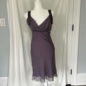 Catharine Malandrino silk purple bias cut dress w purple leather trim